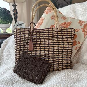 Indeed Straw Rope Bamboo Brown Mushroom Tan Beach Bag Purse Extra Mini Bag
